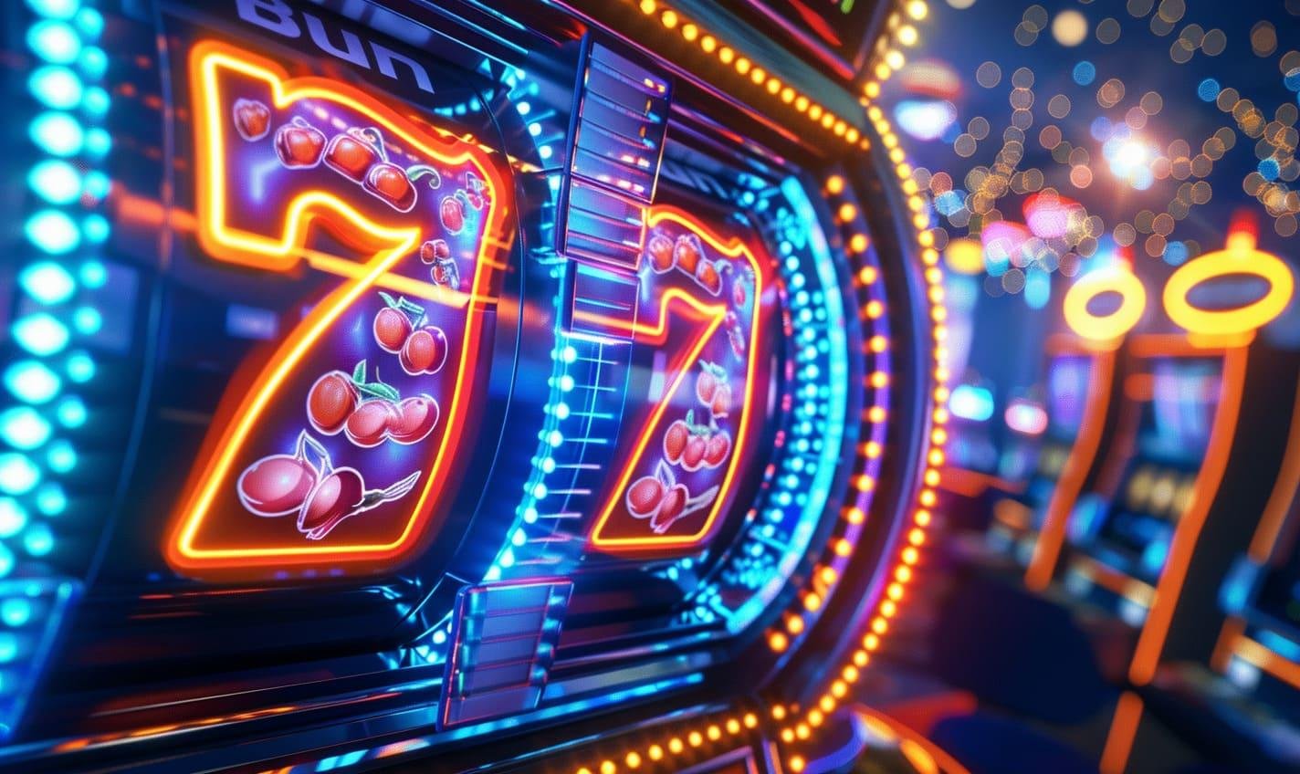 Pemandangan gelap dengan nuansa neon dan simbol hiburan digital